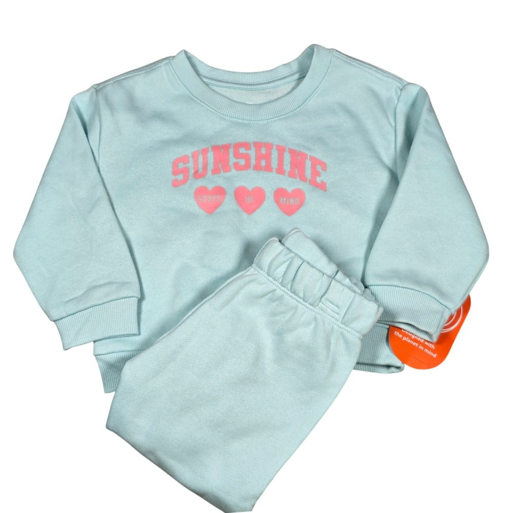 Wonder Nation Baby Girls Aqua Sunshine Fleece Sweatshirt and Pants Set 12M NEW